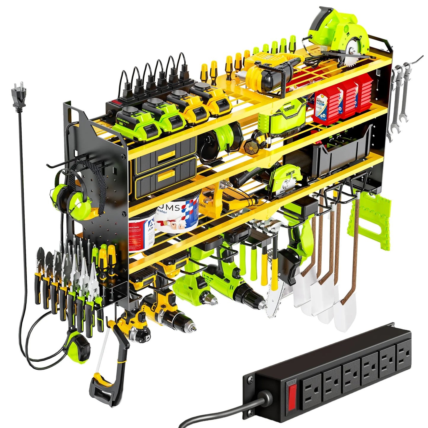 Wall-Mounted Tool Rack Organizer with 8 Drill Holders and 4-Layer Heavy-Duty Design for Garage - Easy Assembly and Sturdy Construction