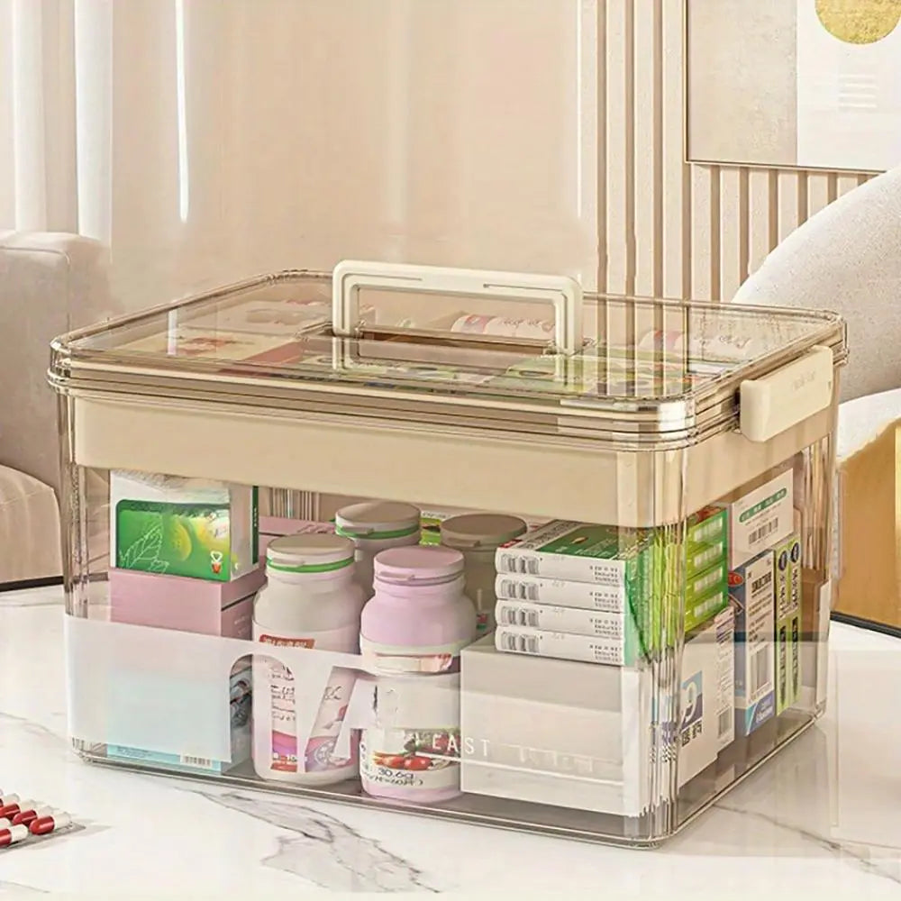 Clear Medicine Storage Box with Handle, 1 Count/2 Counts Large Capacity Plastic Pills Box, Household Portable Sundries Organizing Storage Box, Home Organizer, Durable Plastic Organizers, Plastic Storage Boxes #GLOBAL PICKS