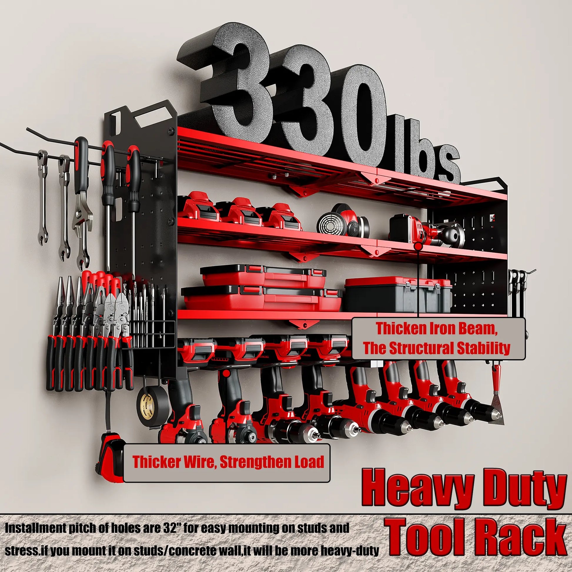 Wall-Mounted Tool Rack Organizer with 8 Drill Holders and 4-Layer Heavy-Duty Design for Garage - Easy Assembly and Sturdy Construction