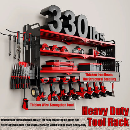 Wall-Mounted Tool Rack Organizer with 8 Drill Holders and 4-Layer Heavy-Duty Design for Garage - Easy Assembly and Sturdy Construction