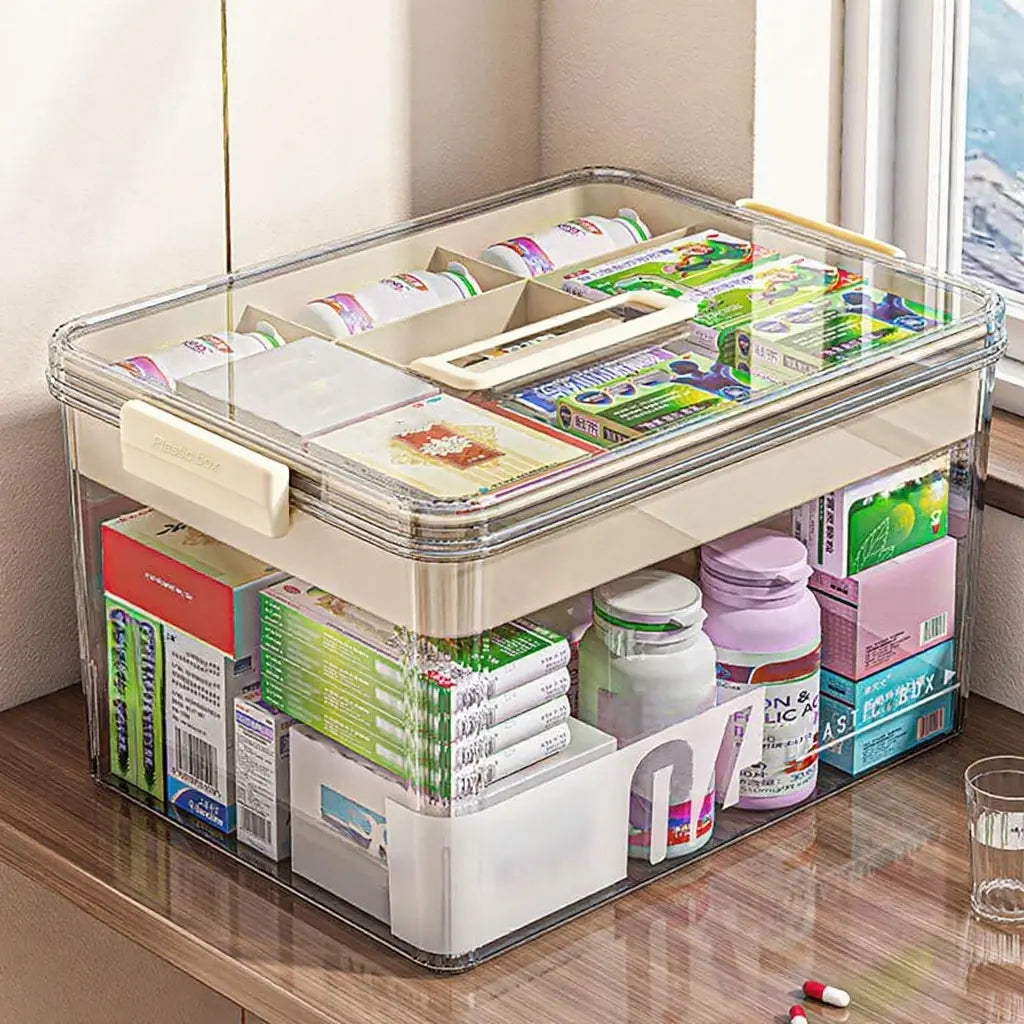 Clear Medicine Storage Box with Handle, 1 Count/2 Counts Large Capacity Plastic Pills Box, Household Portable Sundries Organizing Storage Box, Home Organizer, Durable Plastic Organizers, Plastic Storage Boxes #GLOBAL PICKS