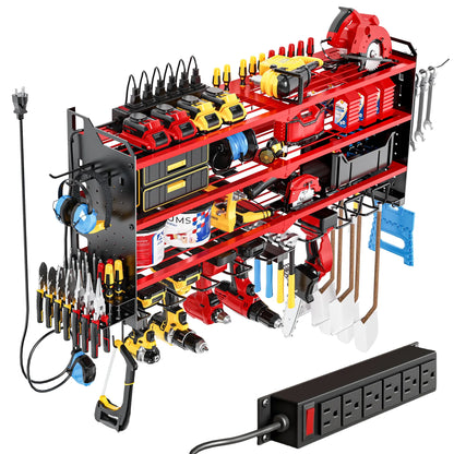 Wall-Mounted Tool Rack Organizer with 8 Drill Holders and 4-Layer Heavy-Duty Design for Garage - Easy Assembly and Sturdy Construction