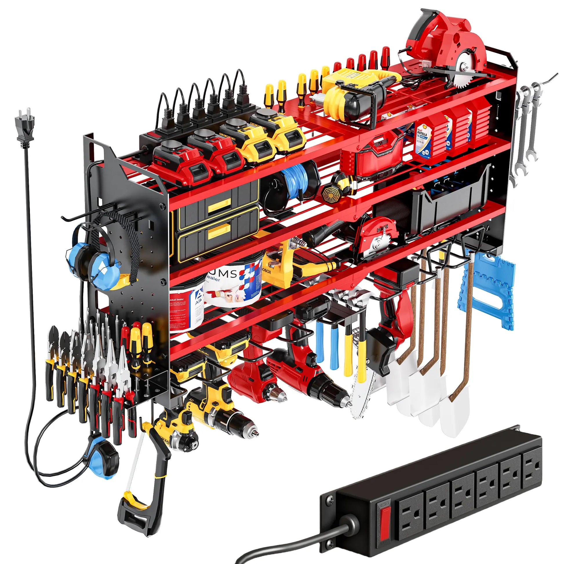 Wall-Mounted Tool Rack Organizer with 8 Drill Holders and 4-Layer Heavy-Duty Design for Garage - Easy Assembly and Sturdy Construction