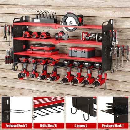 Wall-Mounted Tool Rack Organizer with 8 Drill Holders and 4-Layer Heavy-Duty Design for Garage - Easy Assembly and Sturdy Construction