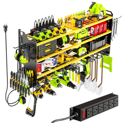 Wall-Mounted Tool Rack Organizer with 8 Drill Holders and 4-Layer Heavy-Duty Design for Garage - Easy Assembly and Sturdy Construction