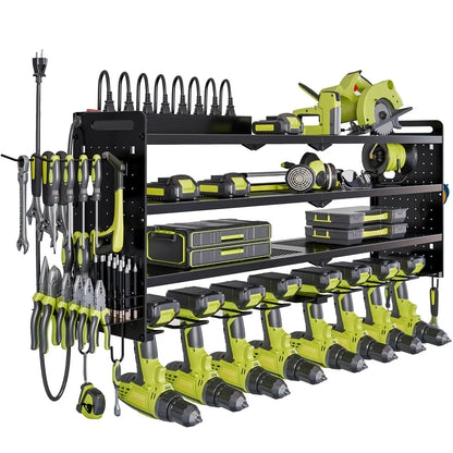 Wall-Mounted Tool Rack Organizer with 8 Drill Holders and 4-Layer Heavy-Duty Design for Garage - Easy Assembly and Sturdy Construction