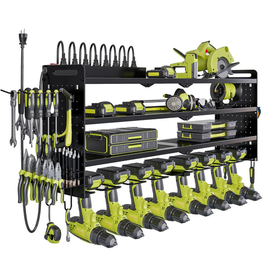 Wall-Mounted Tool Rack Organizer with 8 Drill Holders and 4-Layer Heavy-Duty Design for Garage - Easy Assembly and Sturdy Construction