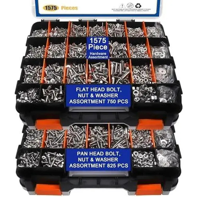 1575 Count Nuts and Assortment Kit, Stainless Steel Phillips Pan & Flat Screws, Assorted Nuts Washers with Orange Double Sided Organizer Box