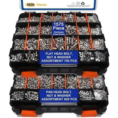 1575 Count Nuts and Assortment Kit, Stainless Steel Phillips Pan & Flat Screws, Assorted Nuts Washers with Orange Double Sided Organizer Box