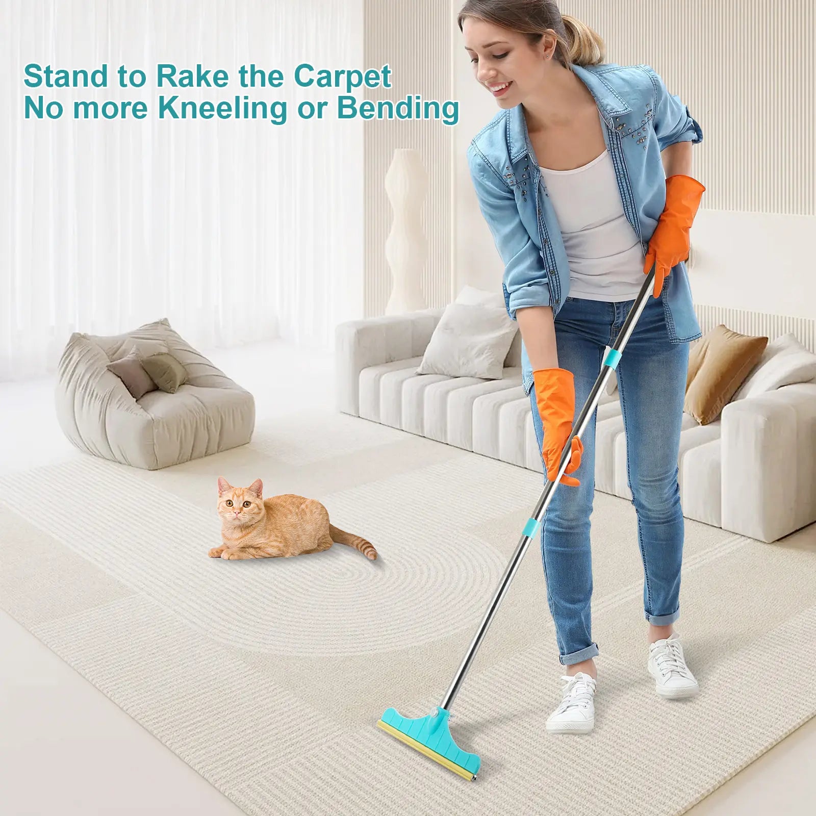 Professional Pet Hair Remover and Carpet Rake, Adjustable Reusable Cleaning Brush with Hanging Ring