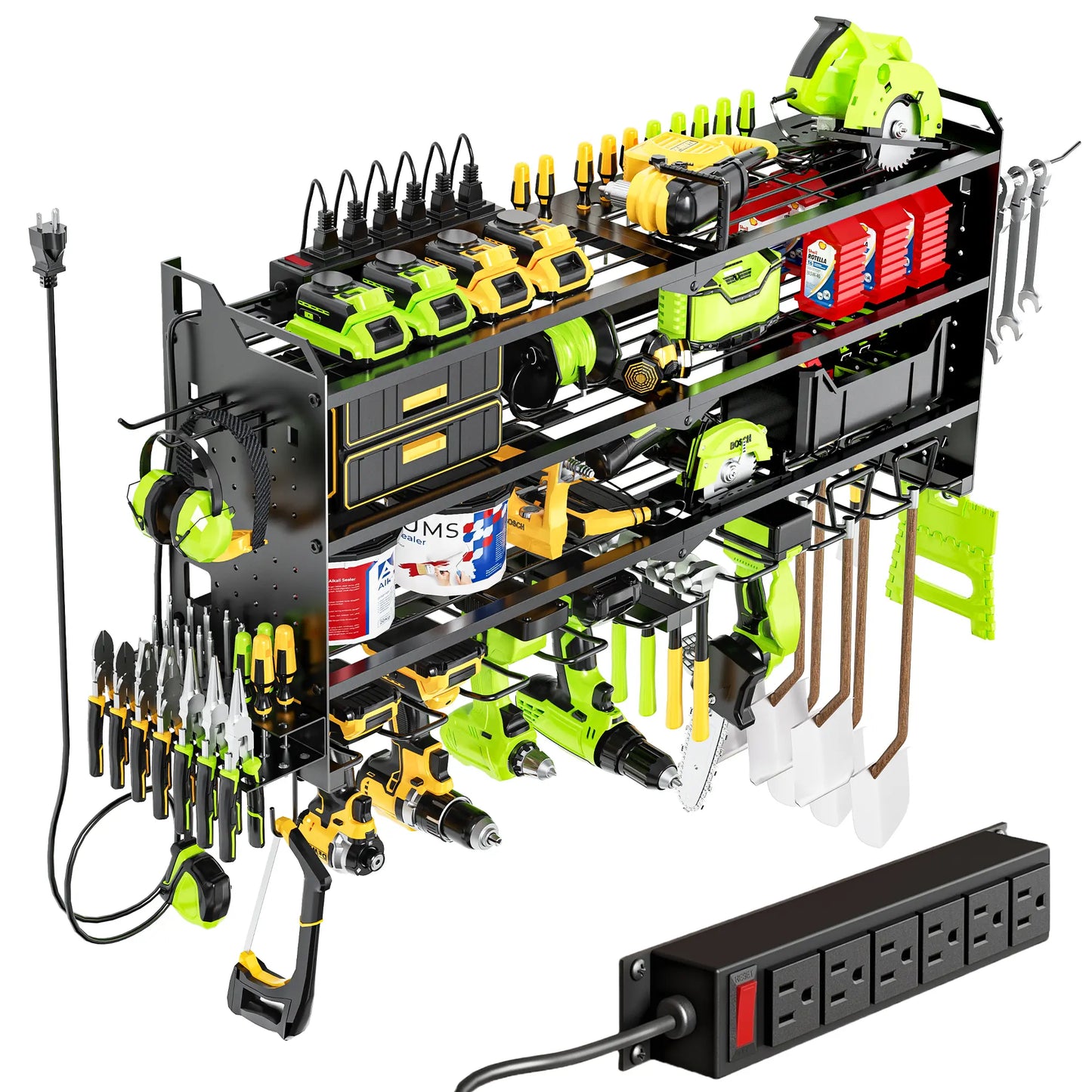 Wall-Mounted Tool Rack Organizer with 8 Drill Holders and 4-Layer Heavy-Duty Design for Garage - Easy Assembly and Sturdy Construction