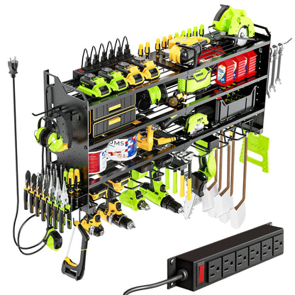 Wall-Mounted Tool Rack Organizer with 8 Drill Holders and 4-Layer Heavy-Duty Design for Garage - Easy Assembly and Sturdy Construction