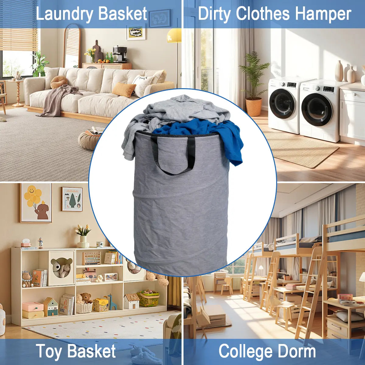 30-Gallon (109L) Collapsible Laundry Baskets - Foldable Pop-Up Hampers for Laundry - Enhanced Oxford Laundry Hamper with Reinforced Handles for Bedroom, Bathroom, Children's Room, Dormitory, Travel, and Storage Organization