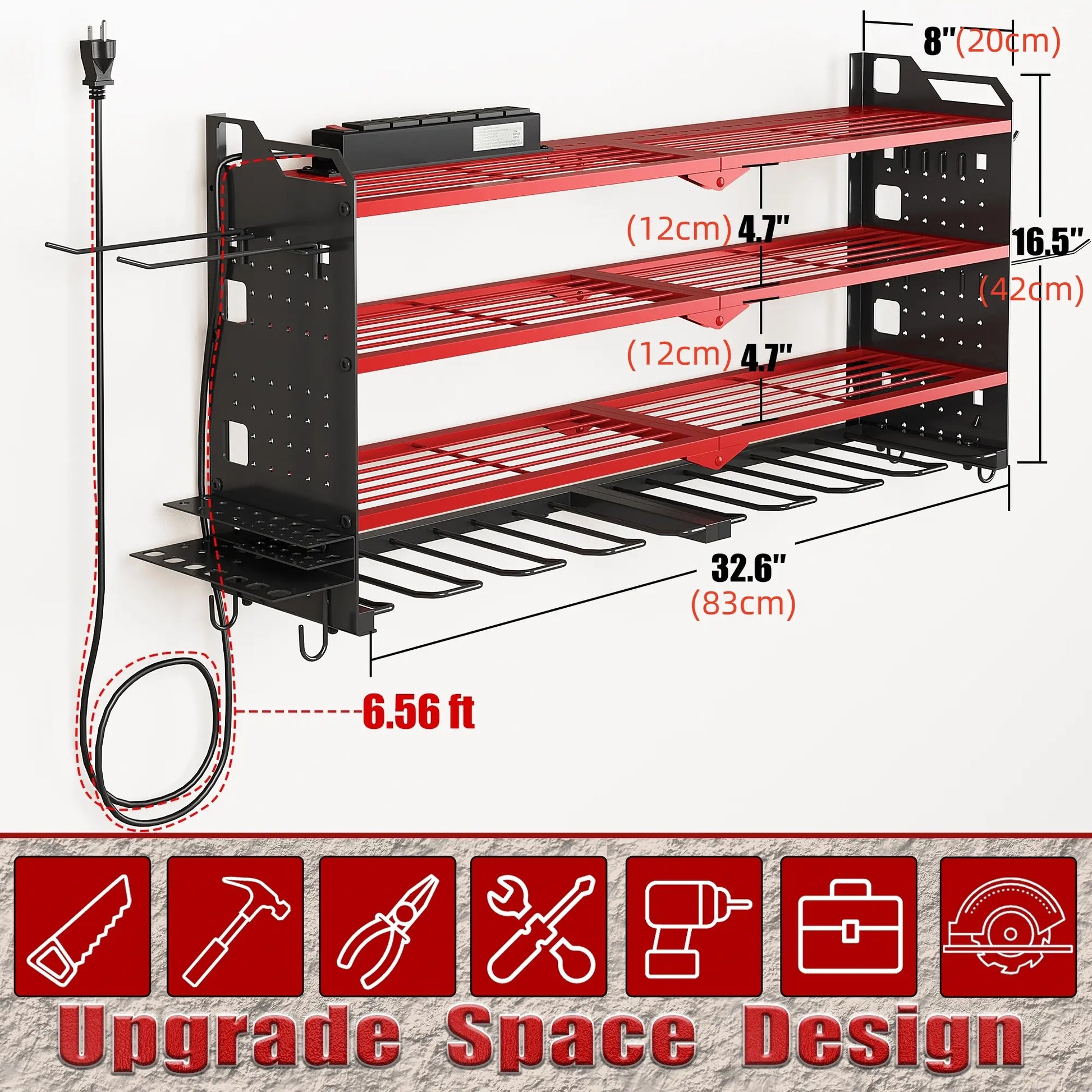 Wall-Mounted Tool Rack Organizer with 8 Drill Holders and 4-Layer Heavy-Duty Design for Garage - Easy Assembly and Sturdy Construction