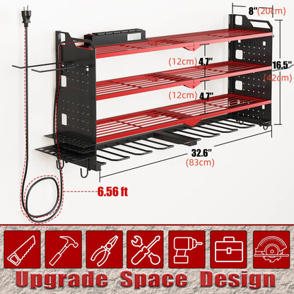 Wall-Mounted Tool Rack Organizer with 8 Drill Holders and 4-Layer Heavy-Duty Design for Garage - Easy Assembly and Sturdy Construction