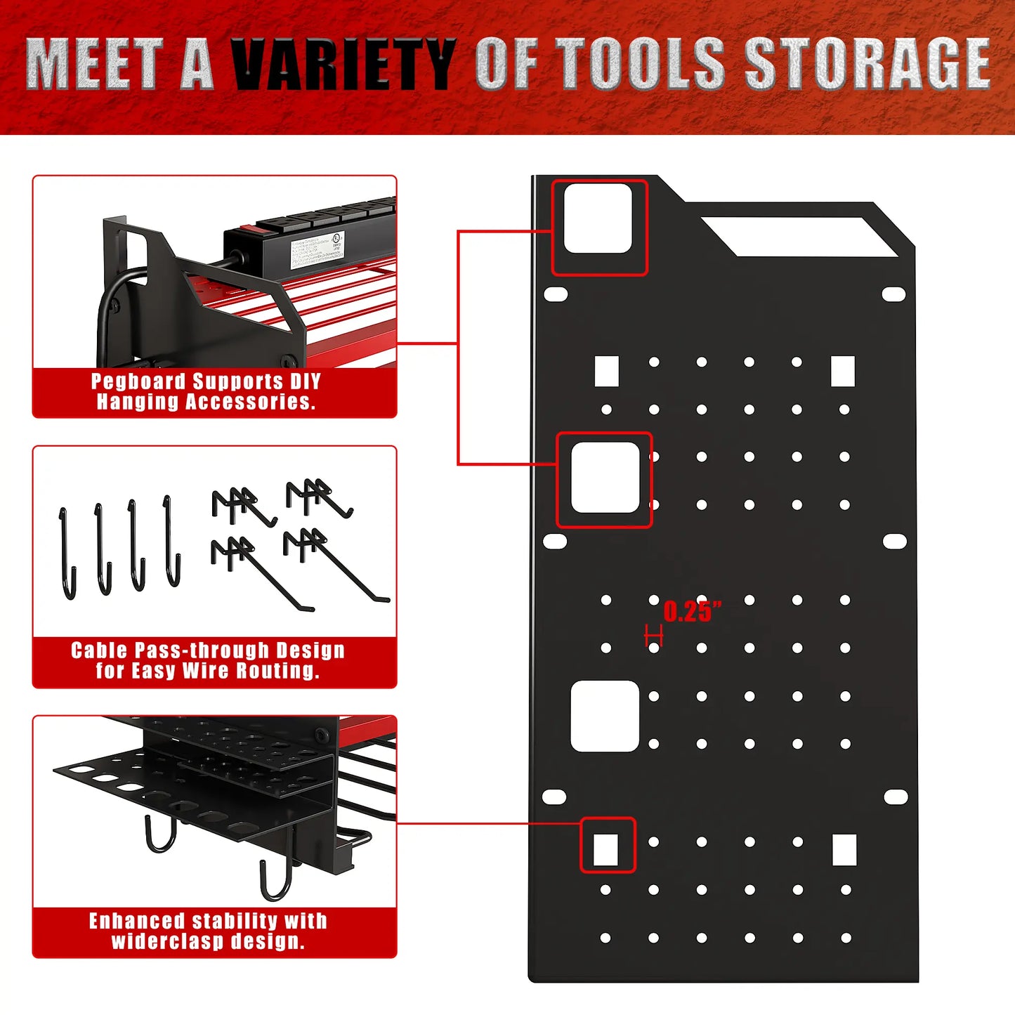 Wall-Mounted Tool Rack Organizer with 8 Drill Holders and 4-Layer Heavy-Duty Design for Garage - Easy Assembly and Sturdy Construction