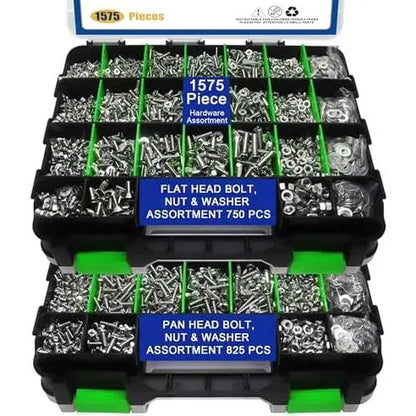 1575 Count Nuts and Assortment Kit, Stainless Steel Phillips Pan & Flat Screws, Assorted Nuts Washers with Orange Double Sided Organizer Box
