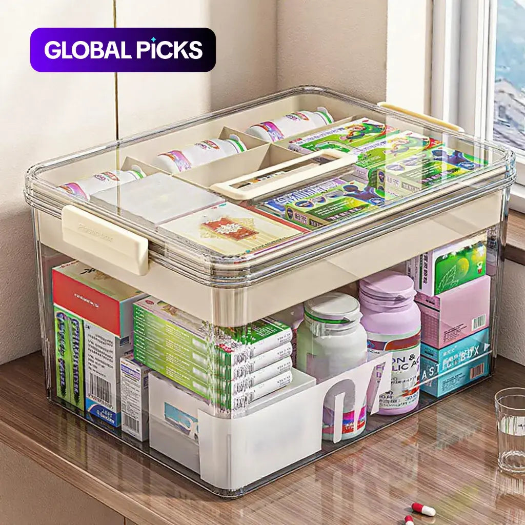 Clear Medicine Storage Box with Handle, 1 Count/2 Counts Large Capacity Plastic Pills Box, Household Portable Sundries Organizing Storage Box, Home Organizer, Durable Plastic Organizers, Plastic Storage Boxes #GLOBAL PICKS