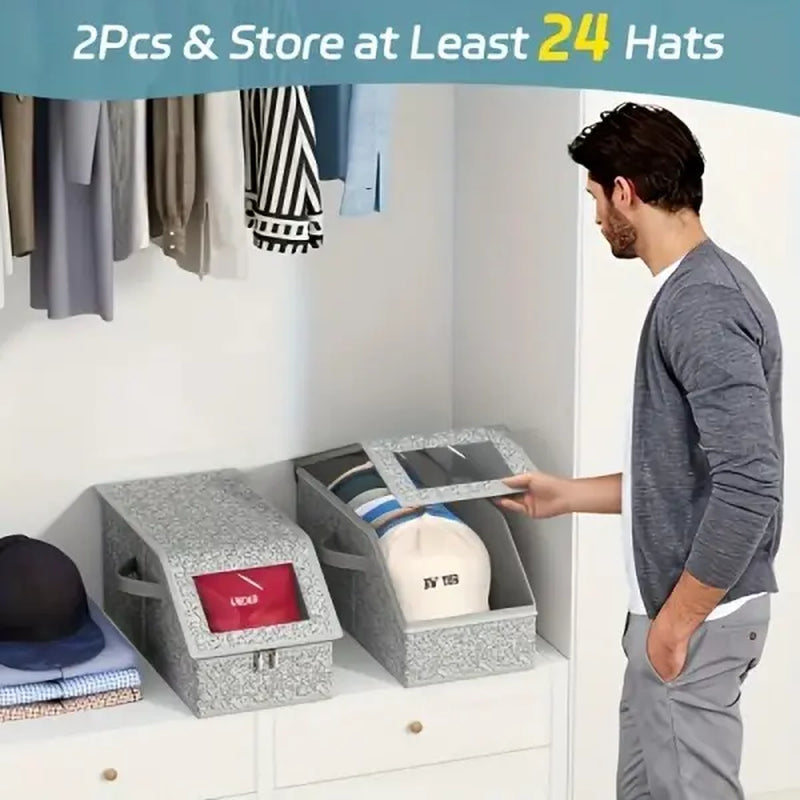 Stackable Dustproof Hat Storage Boxes for Baseball Caps, Holds up to 24 Hats, Durable Cardboard Box for Men, Classic Style, Wardrobe Organizer