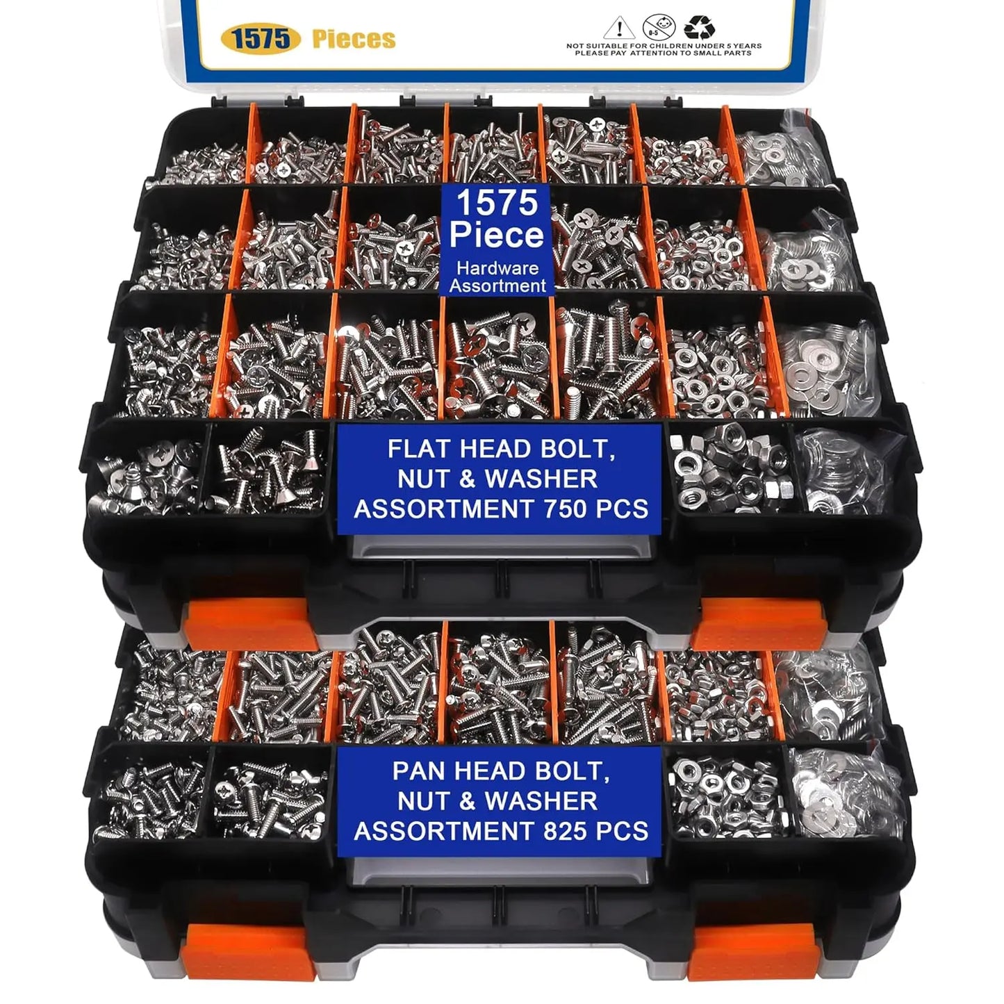 1575 Count Nuts and Assortment Kit, Stainless Steel Phillips Pan & Flat Screws, Assorted Nuts Washers with Orange Double Sided Organizer Box