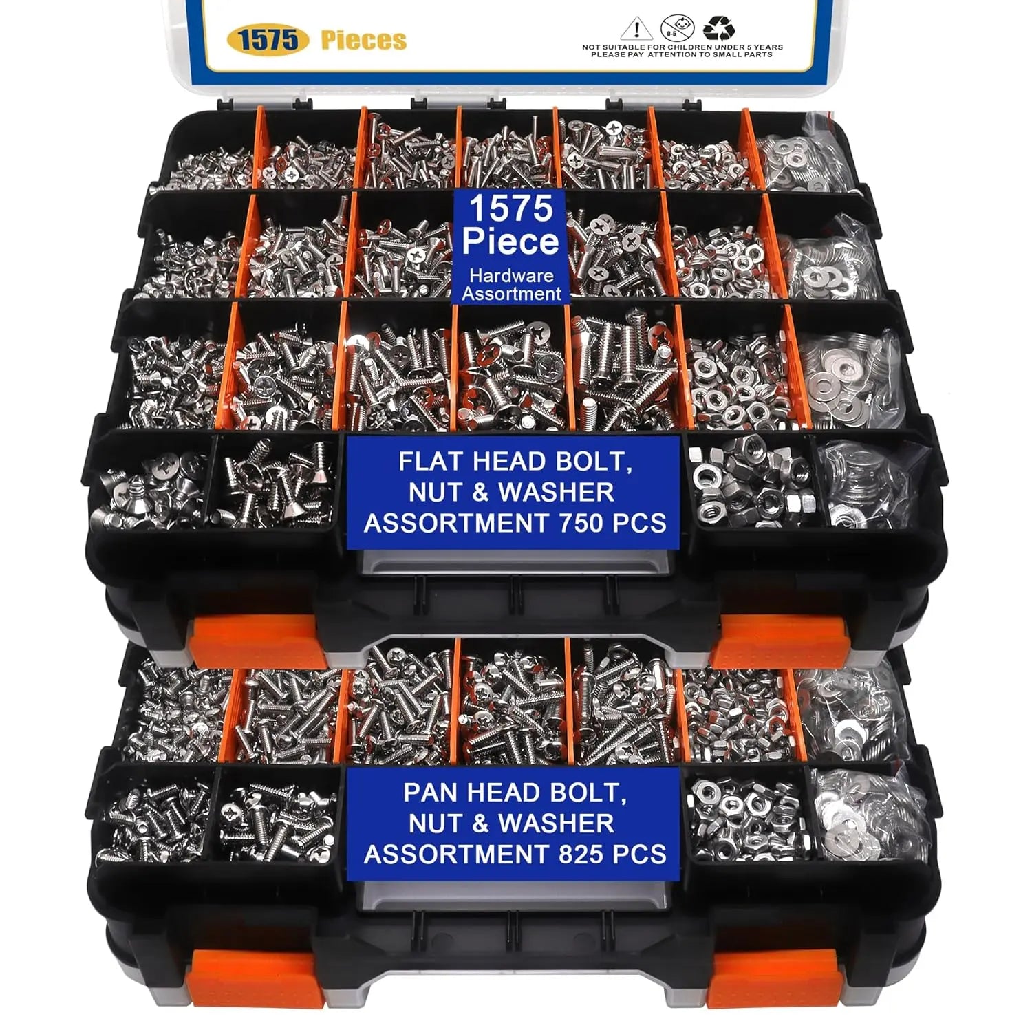 1575 Count Nuts and Assortment Kit, Stainless Steel Phillips Pan & Flat Screws, Assorted Nuts Washers with Orange Double Sided Organizer Box