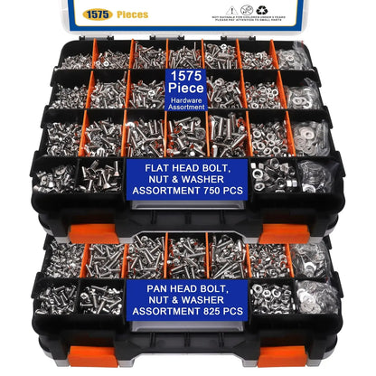 1575 Count Nuts and Assortment Kit, Stainless Steel Phillips Pan & Flat Screws, Assorted Nuts Washers with Orange Double Sided Organizer Box