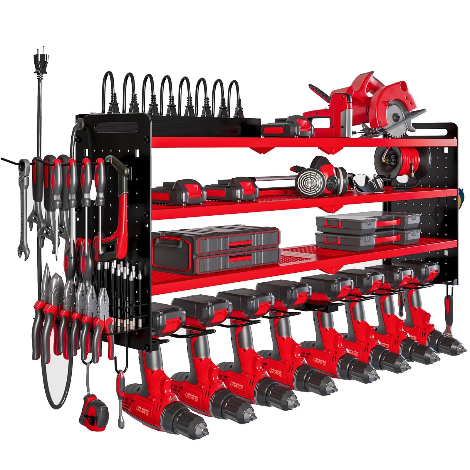 Wall-Mounted Tool Rack Organizer with 8 Drill Holders and 4-Layer Heavy-Duty Design for Garage - Easy Assembly and Sturdy Construction