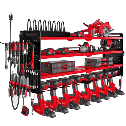 Wall-Mounted Tool Rack Organizer with 8 Drill Holders and 4-Layer Heavy-Duty Design for Garage - Easy Assembly and Sturdy Construction