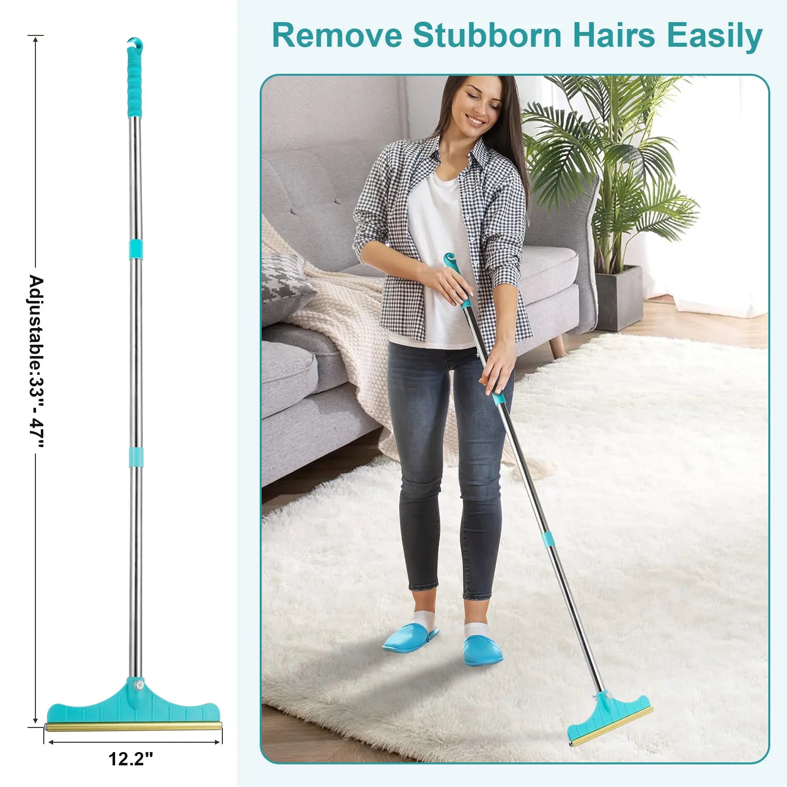 Professional Pet Hair Remover and Carpet Rake, Adjustable Reusable Cleaning Brush with Hanging Ring